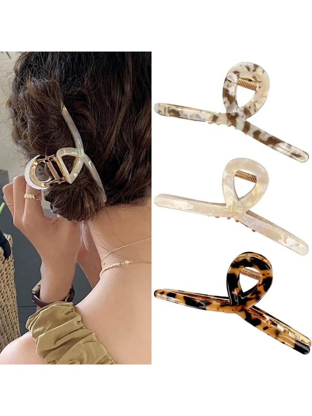 Set of 3 Big Butterfly Claw Hair Clips - 4.5” Acetate & Metal for Thick Hair